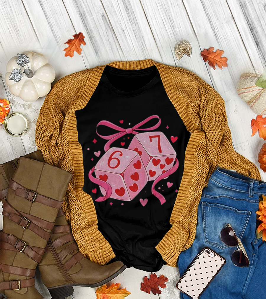 Preppy Valentine Pink Heart Dice 67 Bow Ribbon T-Shirt