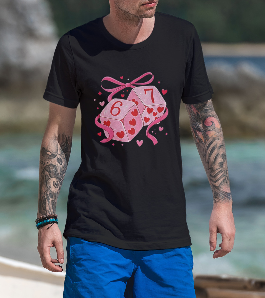 Preppy Valentine Pink Heart Dice 67 Bow Ribbon T-Shirt