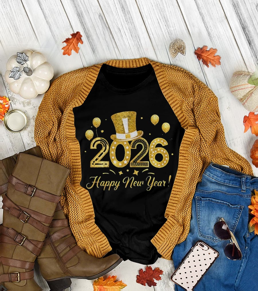 2026 Gold Glitter Balloons and Top Hat Happy New Year Celebration T-Shirt