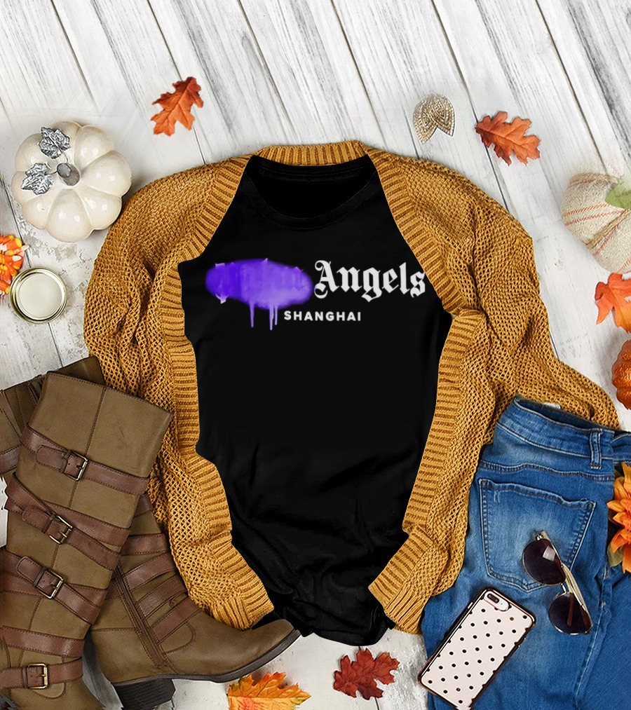 Palm Angels Black Cotton Sprayed Shanghai Purple Drip T-Shirt