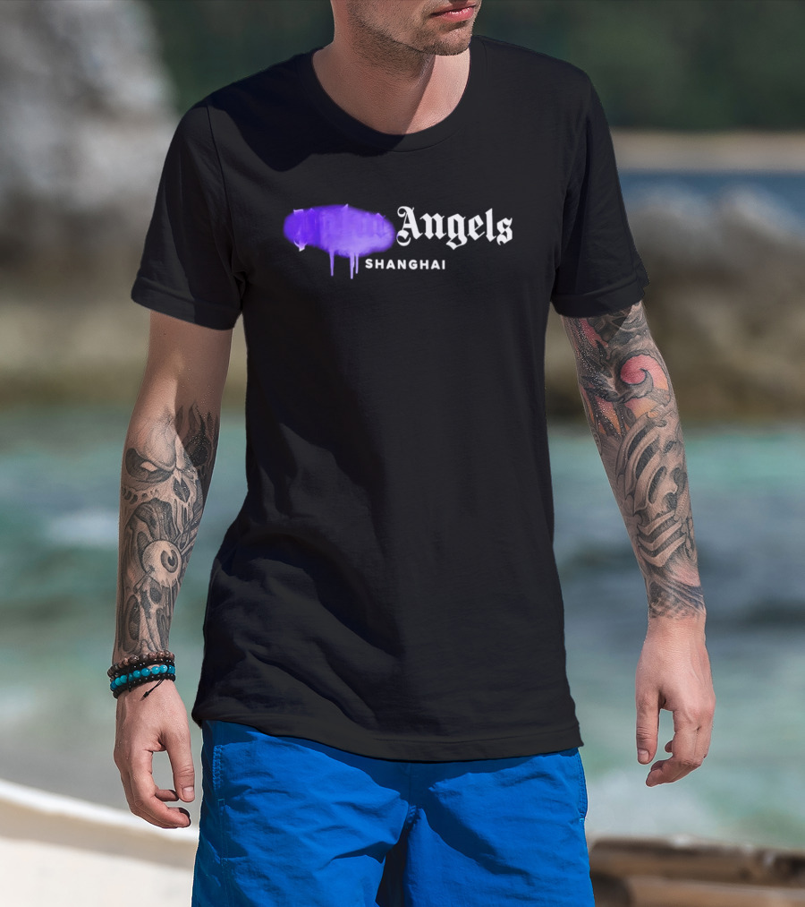 Palm Angels Black Cotton Sprayed Shanghai Purple Drip T-Shirt