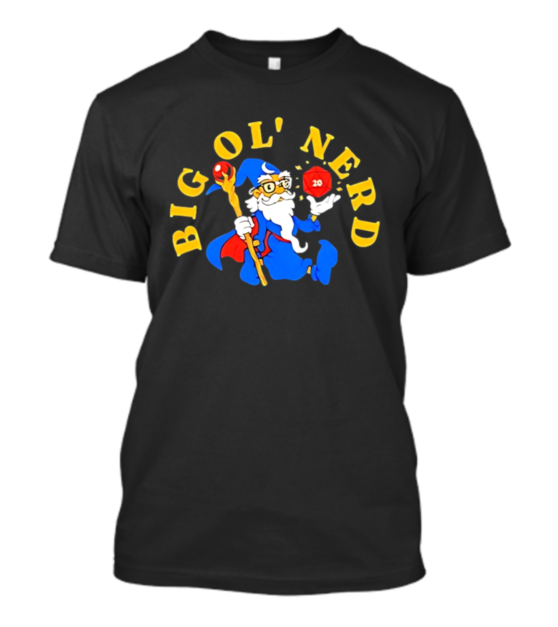 Big Ol Nerd Wizard Holding D20 Dice Staff Glasses Blue Robe Red Cape T-Shirt