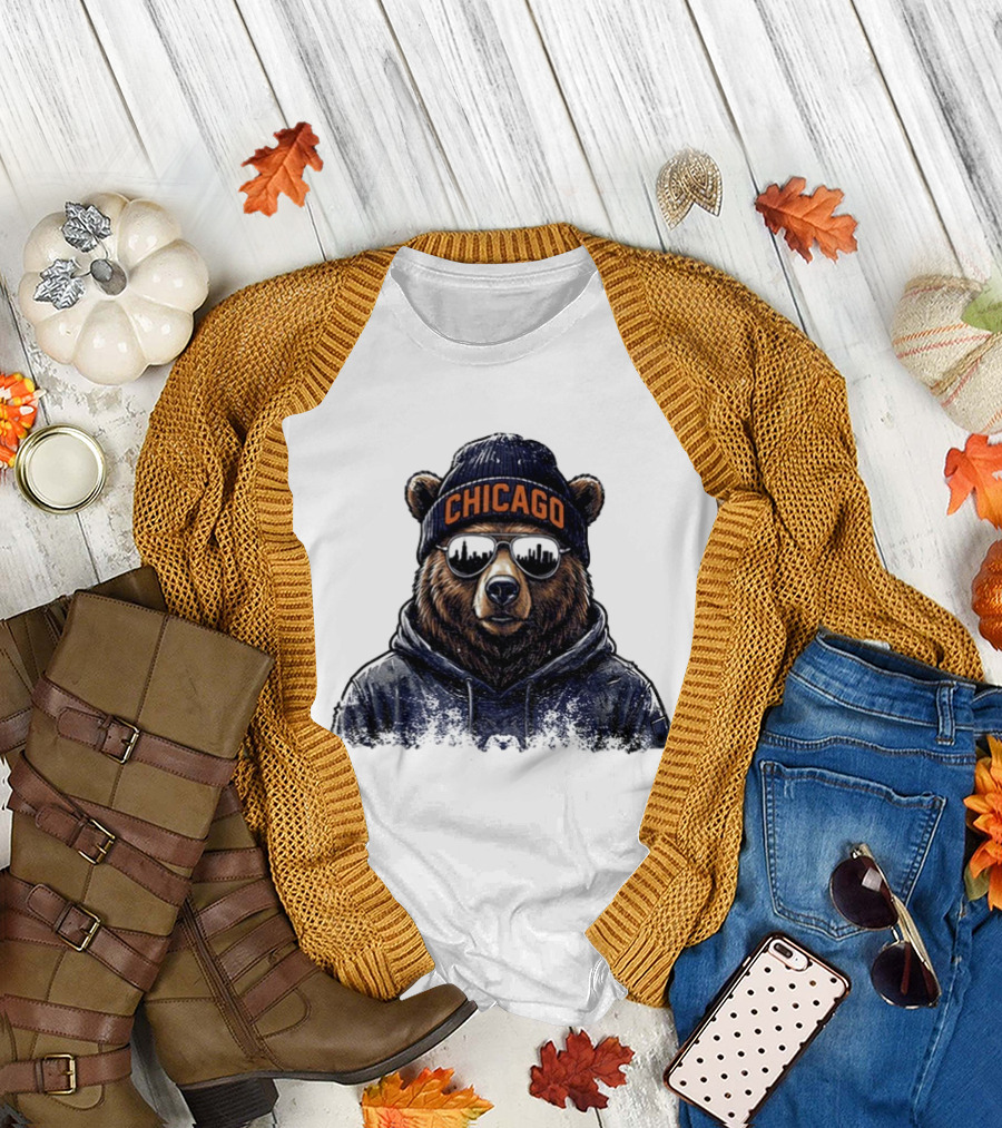Chicago Bear Football Mascot Sunglasses Beanie Hat T-Shirt