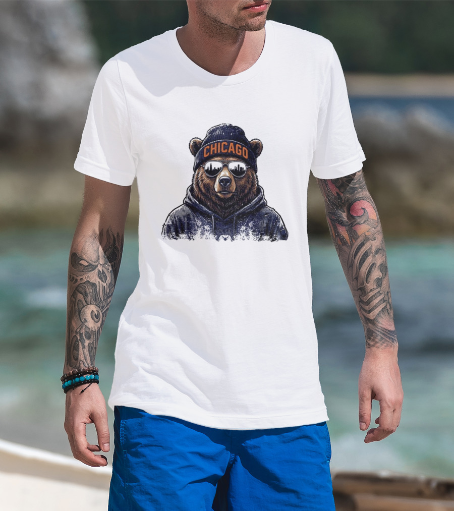 Chicago Bear Football Mascot Sunglasses Beanie Hat T-Shirt