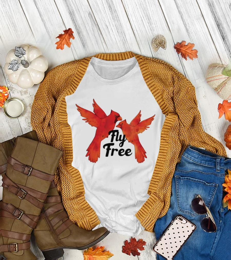 Fly Free Cardinal Bird Pair Vibrant Red Wings Dynamic Motion T-Shirt