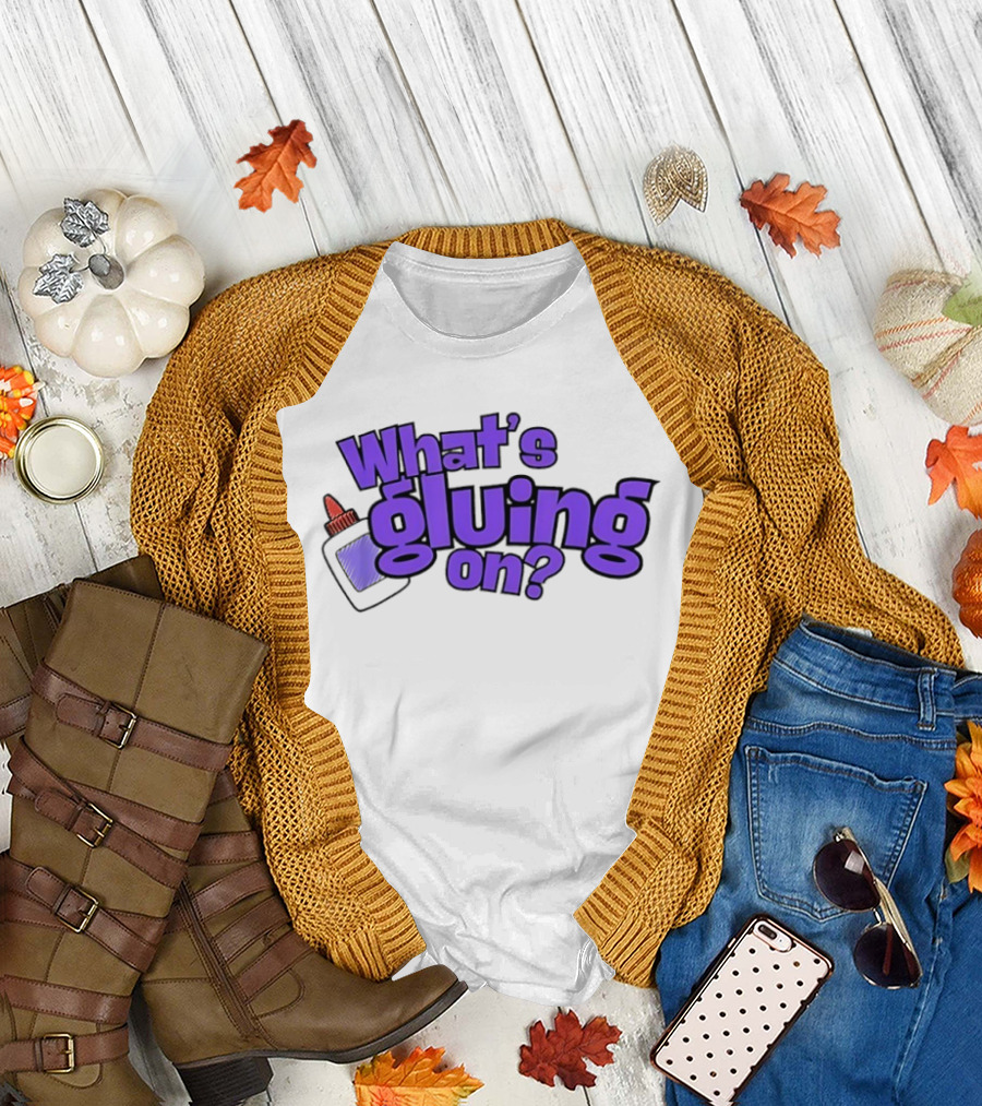 What's Gluing On Purple Text with Red Cap and Paper T-Shirt