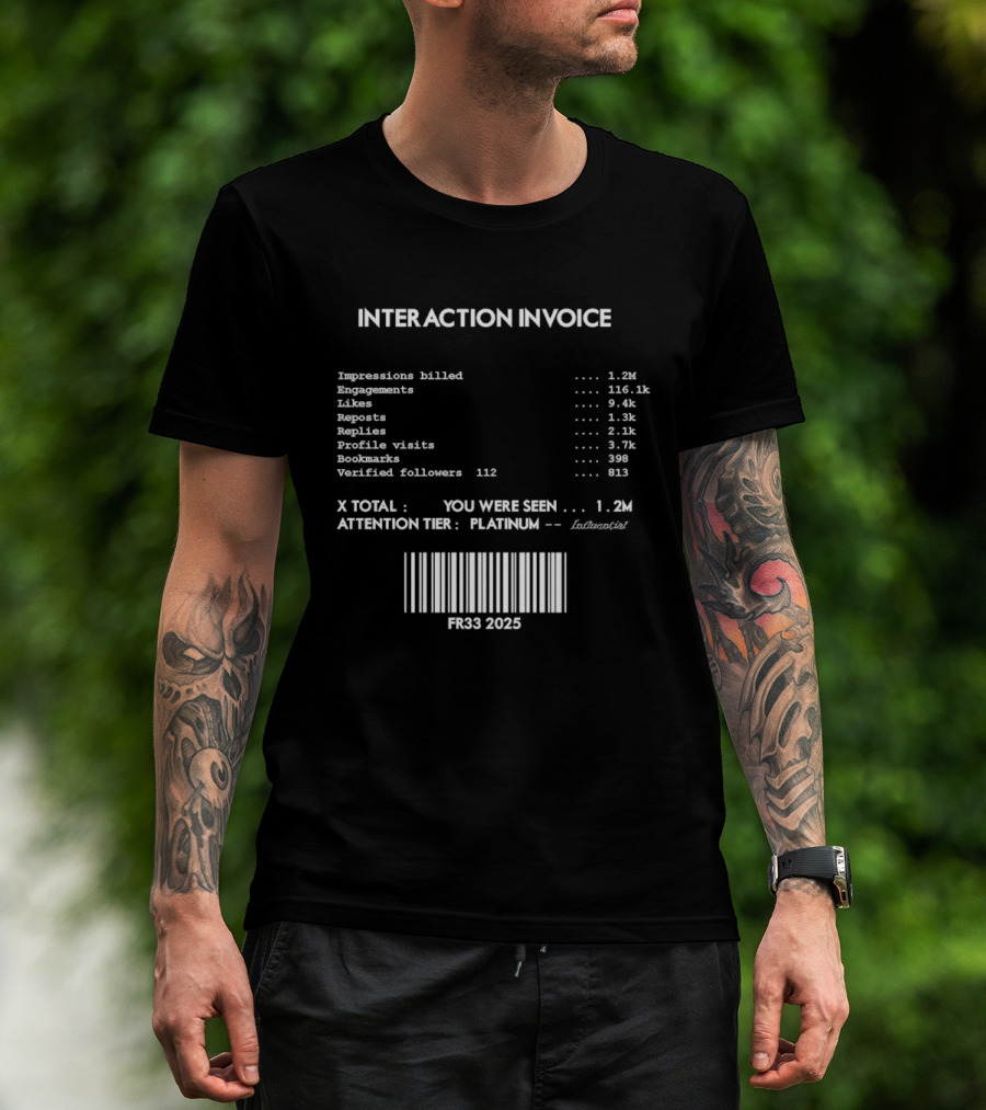 Interaction Invoice Fr33 2025 Impressions Billed 1.2m Attention Tier Platinum Barcode Edition T-Shirt