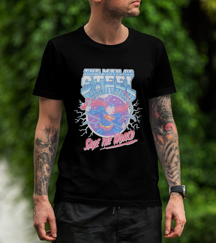 The Man Of Steel Save The World Lightning Superhero Iconic T-Shirt