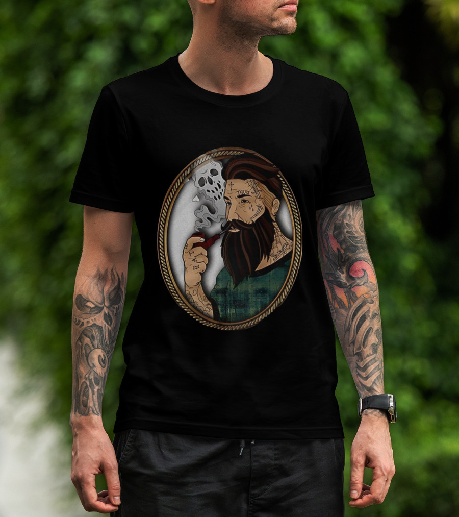 Old School Tattooed Man Smoking Pipe Retro Cartoon Image T-Shirt