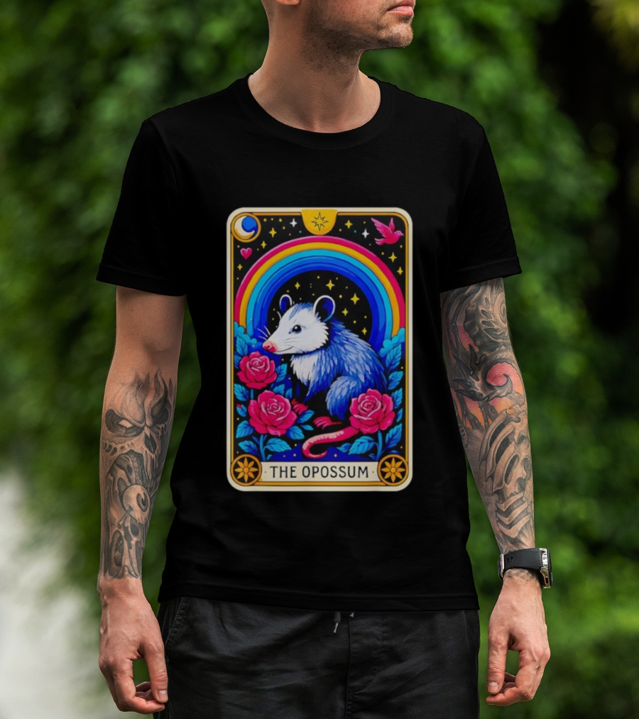 The Opossum Tarot Card Rainbow Moon Roses Stars T-Shirt