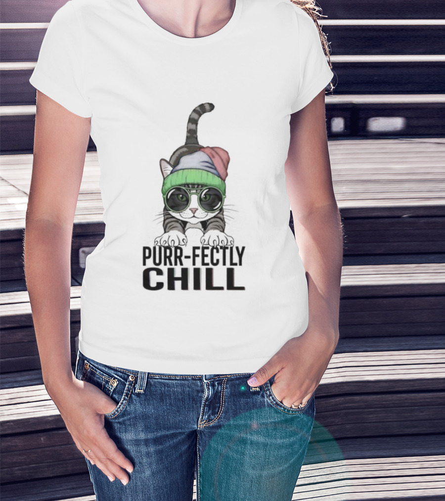Purr Fectly Chill Cat With Beanie And Sunglasses T-Shirt