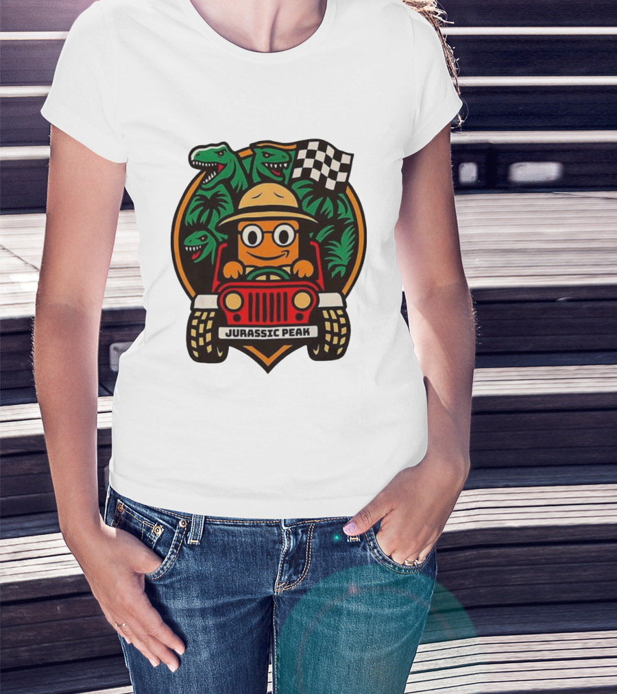 Jurassic Peak Safari Adventure Cartoon Dinosaurs Driving Explorer T-Shirt