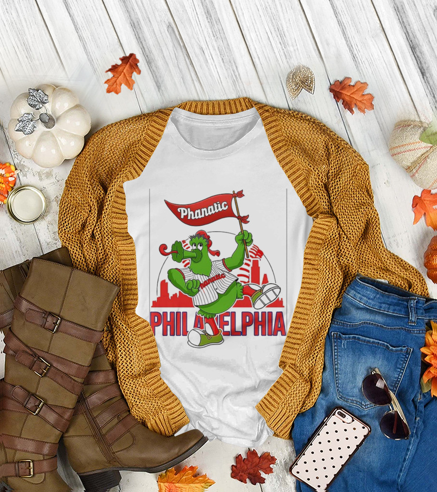 Phillie Phanatic Philadelphia Phillies Mascot Dancing with Skyline and Flag T-Shirt