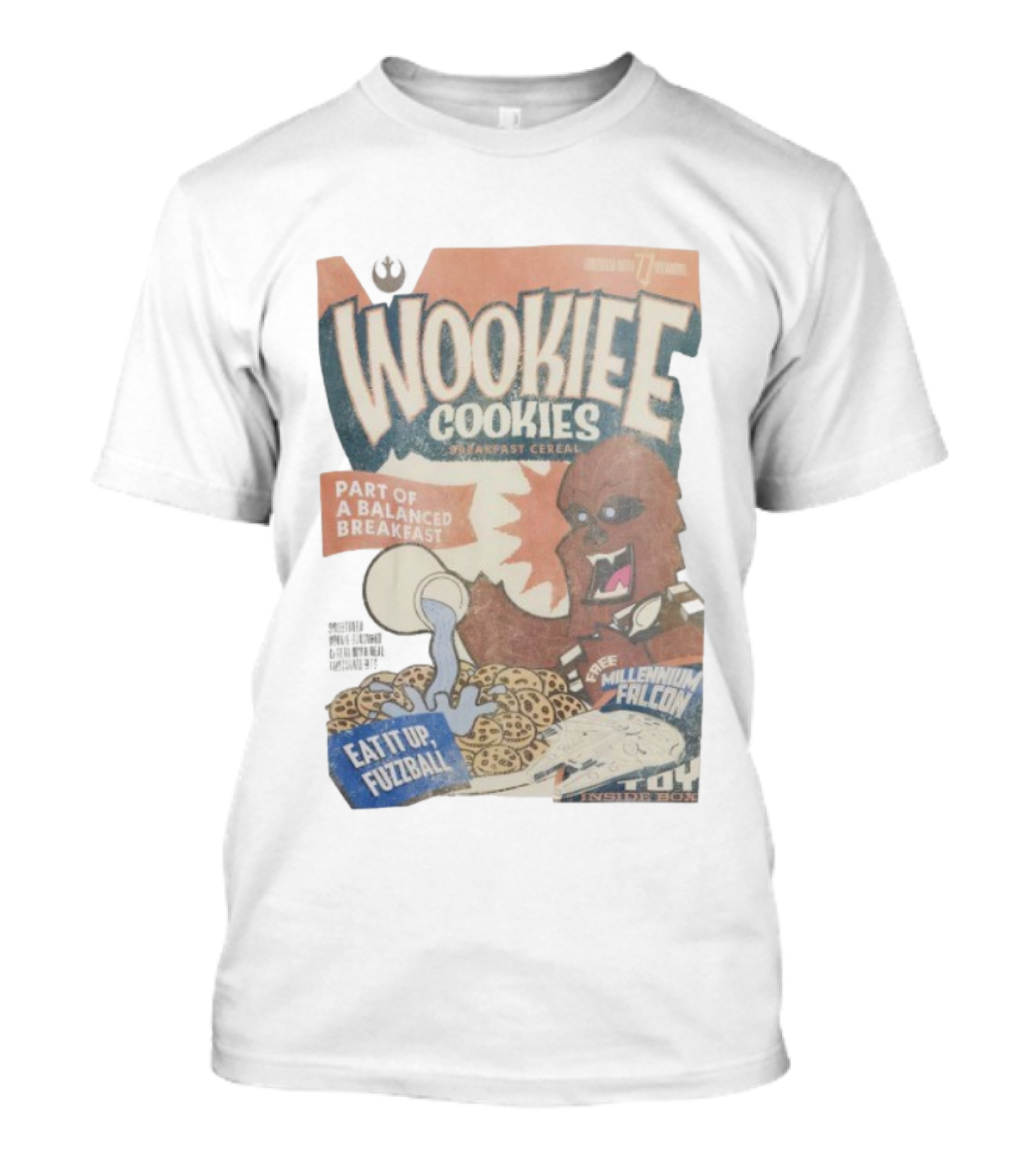 Wookiee Cookies Breakfast Cereal Eat It Up Fuzzball Free Millennium Falcon T-Shirt