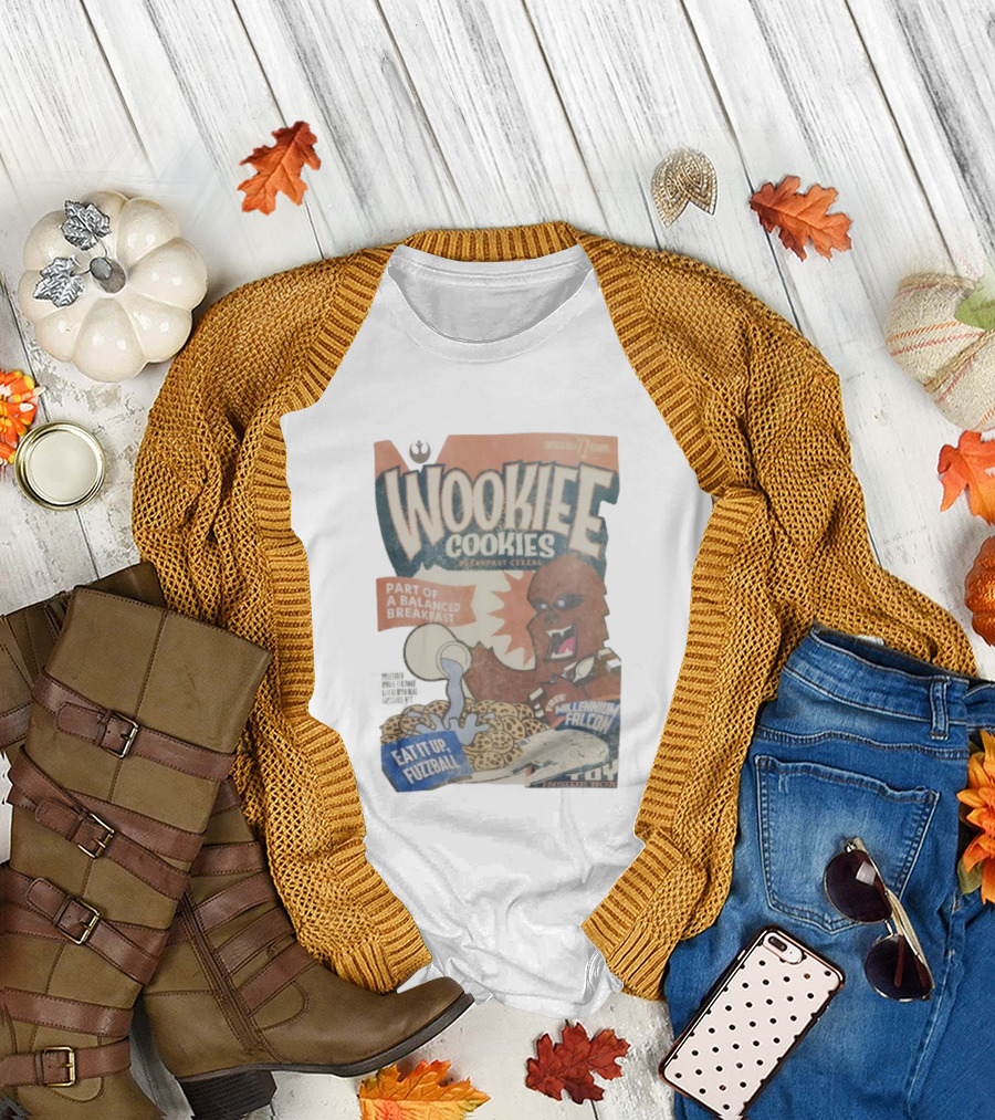 Wookiee Cookies Breakfast Cereal Eat It Up Fuzzball Free Millennium Falcon T-Shirt
