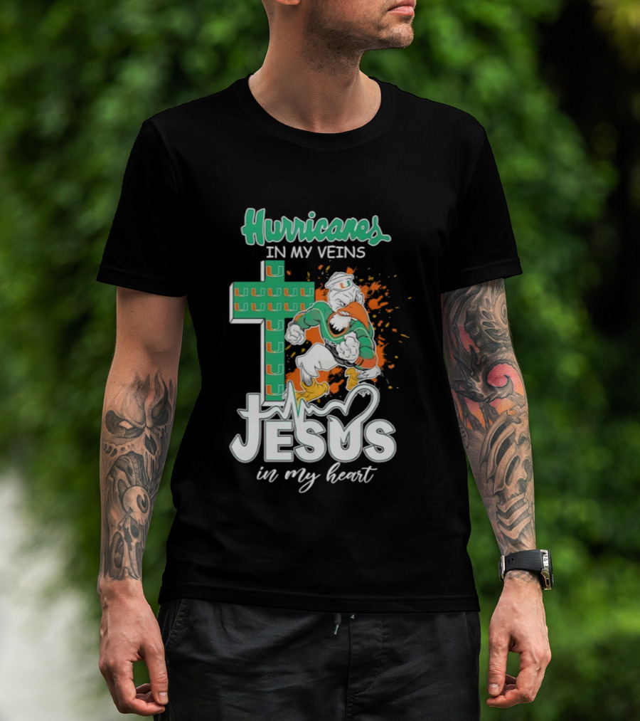 Hurricanes In My Veins Jesus In My Heart Cross Shape Miami Ibis T-Shirt