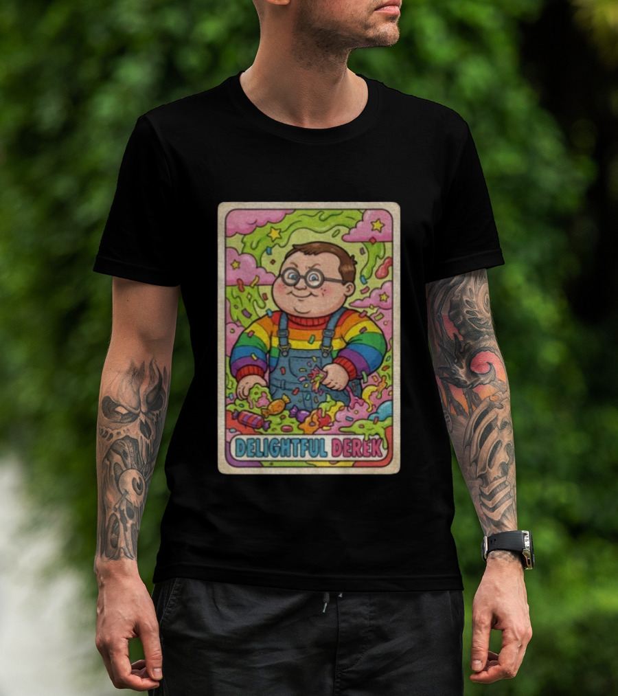 Delightful Derek Rainbow Cartoon Character In Vibrant 80s T-Shirt