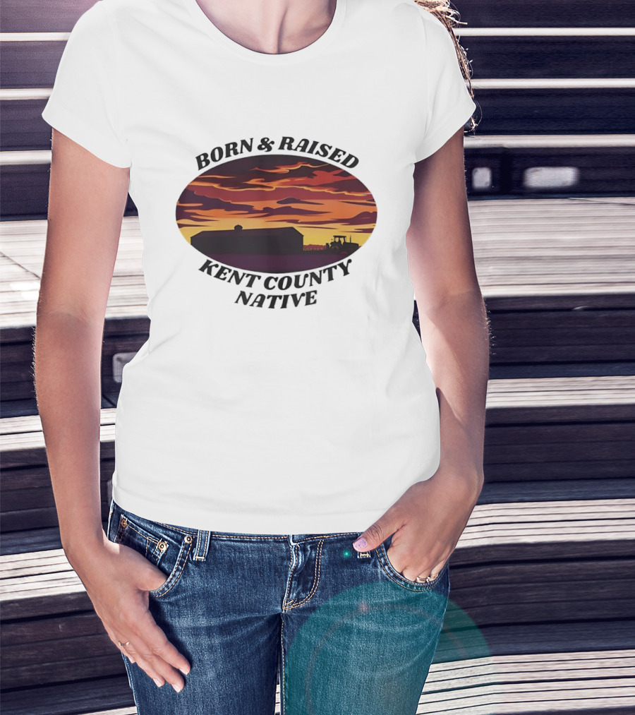 Born Raised Kent County Native Sunset Barn And Tractor Vintage Retro Landscape T-Shirt