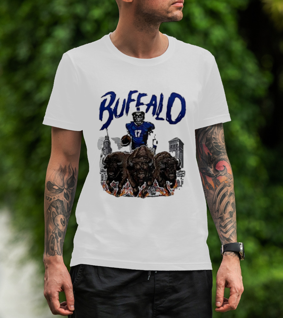 Buffalo Football Skeleton 17 With Charging Bison And City Skyline T-Shirt