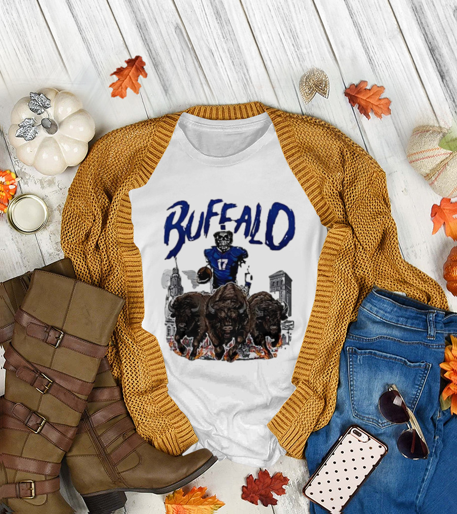 Buffalo Football Skeleton 17 with Charging Bison and City Skyline T-Shirt