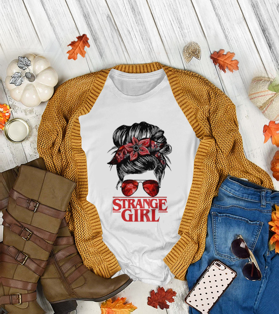 Strange Girl Red Floral Hair Scarf Messy Bun T-Shirt