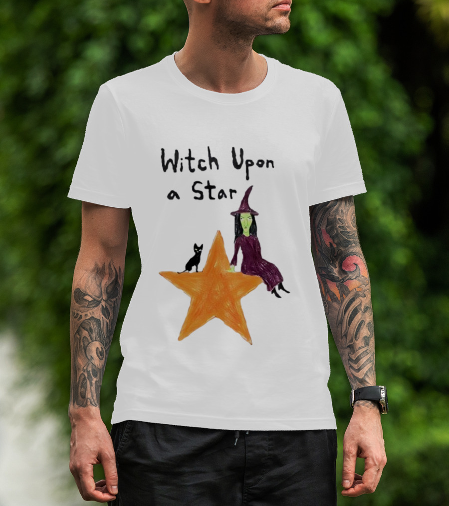 Witch Upon A Star Green Witch Purple Hat Orange Star Black Cat T-Shirt