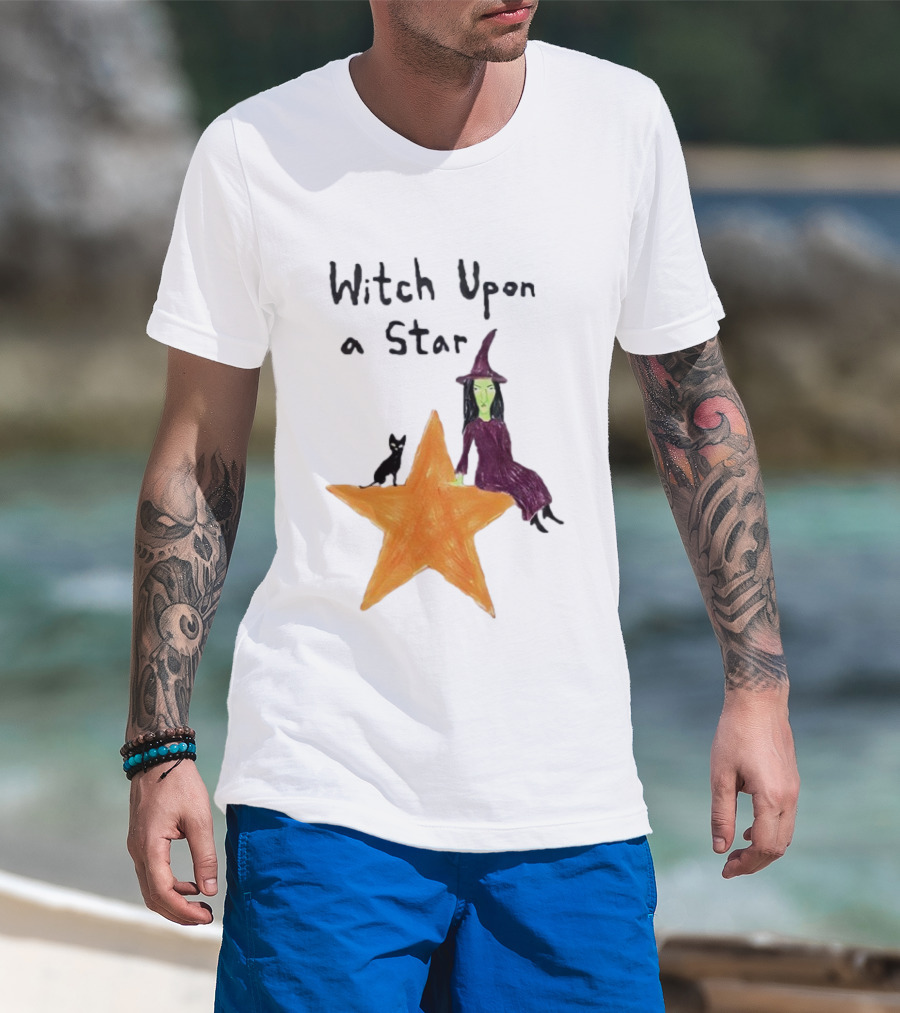 Witch Upon A Star Green Witch Purple Hat Orange Star Black Cat T-Shirt