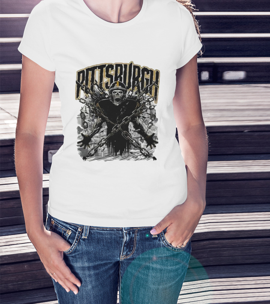 Pittsburgh Skeleton Breaking Chains Steel City Football T-Shirt