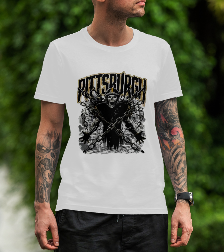 Pittsburgh Skeleton Breaking Chains Steel City Football T-Shirt