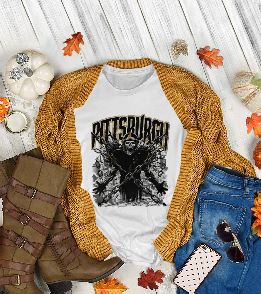 Pittsburgh Skeleton Breaking Chains Steel City Football T-Shirt