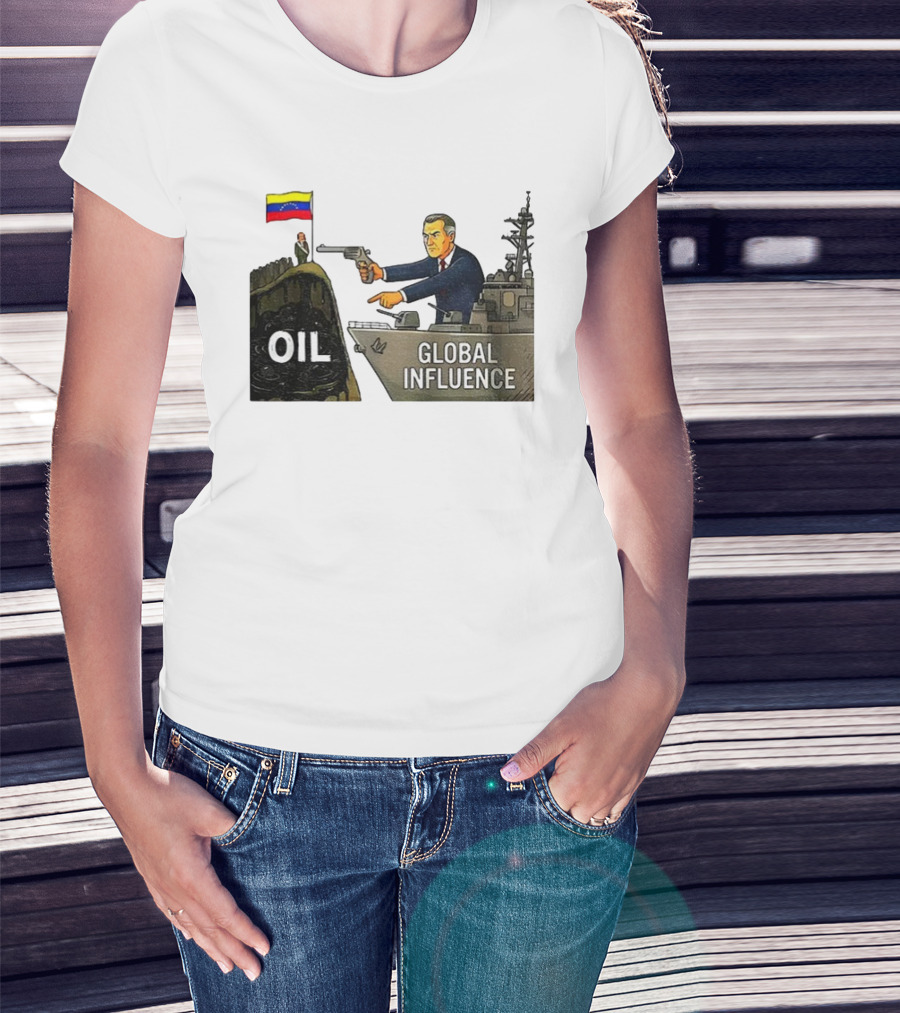 USA Venezuela Oil Conflict Political Satire Global Influence Cartoon Flags Gun Ship T-Shirt