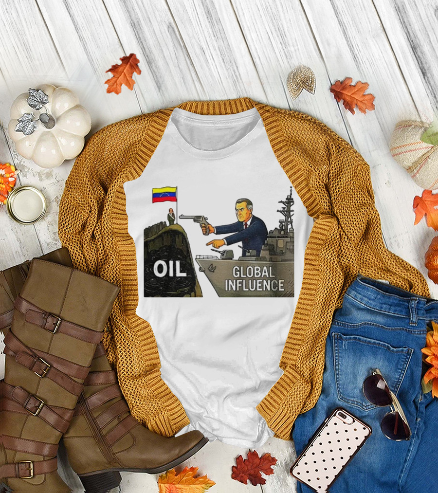 USA Venezuela Oil Conflict Political Satire Global Influence Cartoon Flags Gun Ship T-Shirt