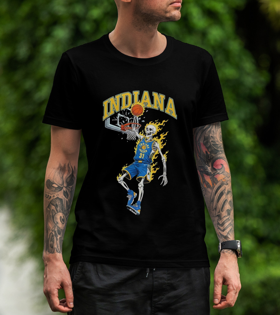 Indiana Pacers Skeleton Basketball Dunk In Flames T-Shirt