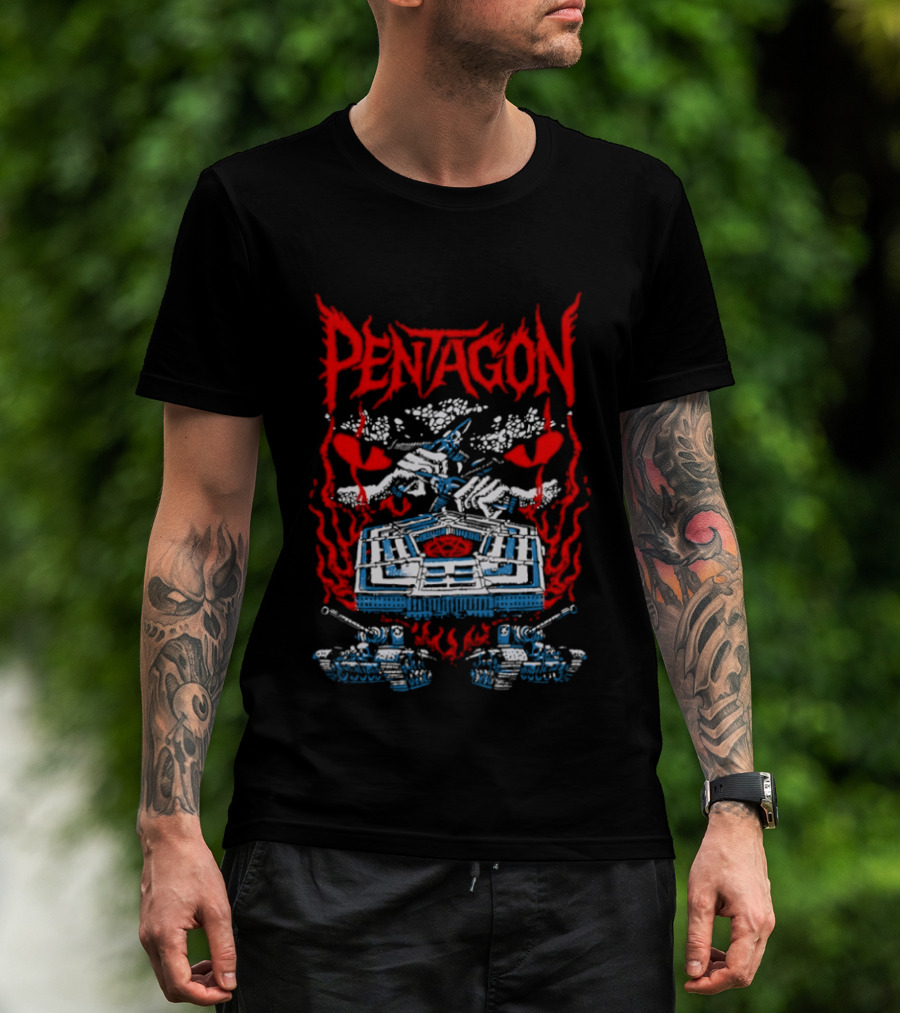 Pentagon Band Red Flames And Hearts T-Shirt