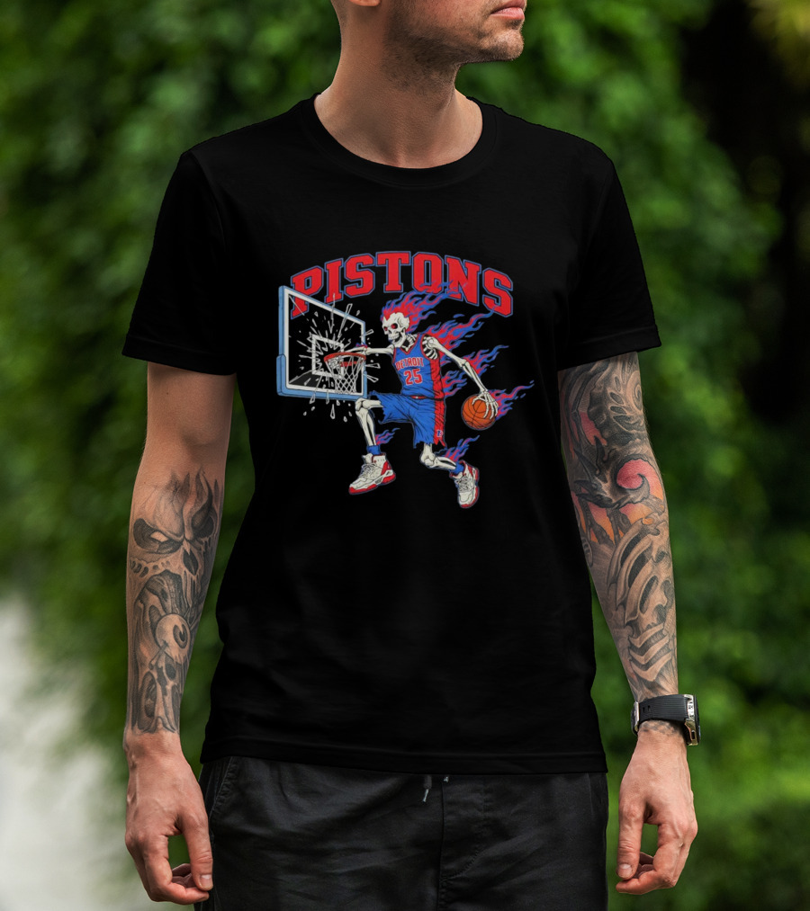Detroit Pistons Skeleton Basketball Player With Flame Hair Dunking T-Shirt