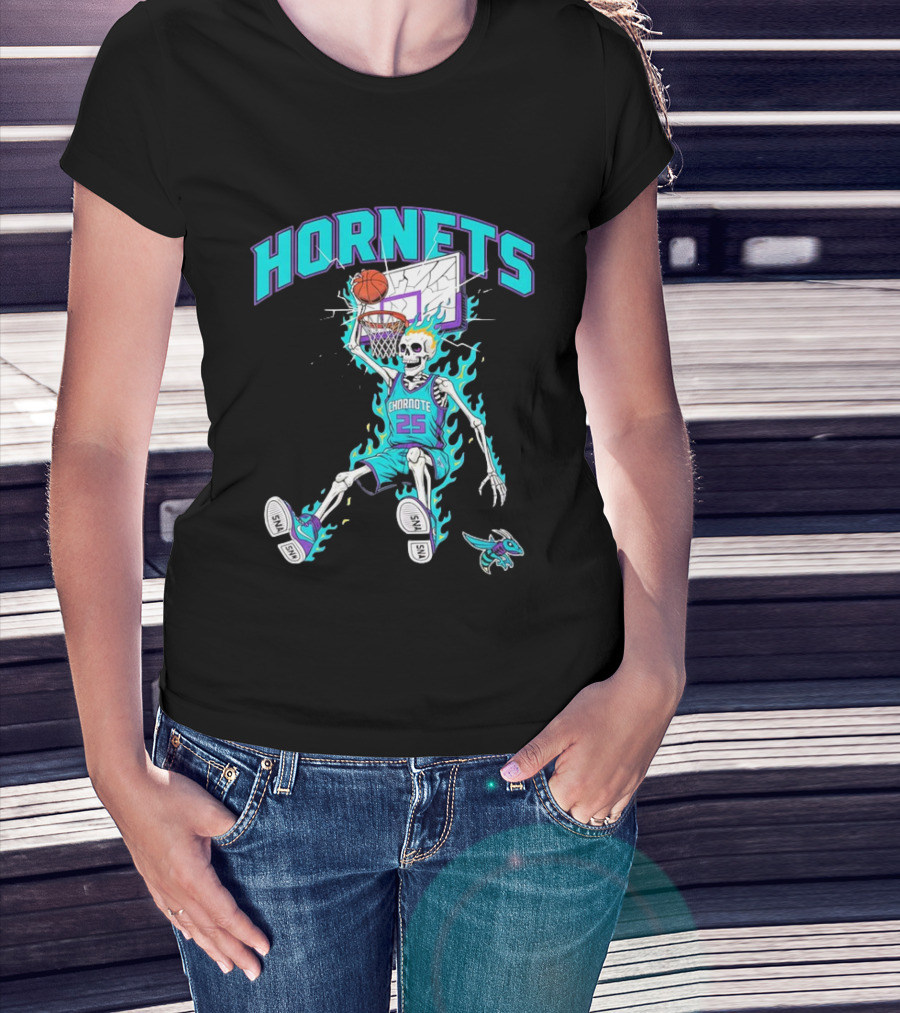 Charlotte Hornets Skeleton Dunking Basketball Retro Style Flame T-Shirt