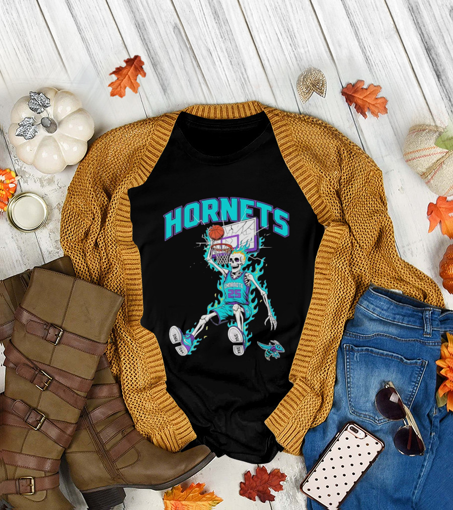 Charlotte Hornets Skeleton Dunking Basketball Retro Style Flame T-Shirt