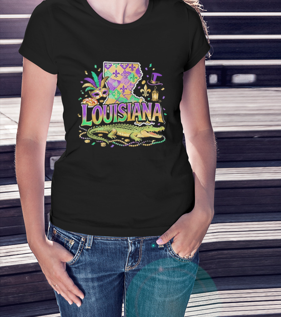 Louisiana Mardi Gras Alligator Carnival Mask Beads Fleur De Lis Lantern T-Shirt