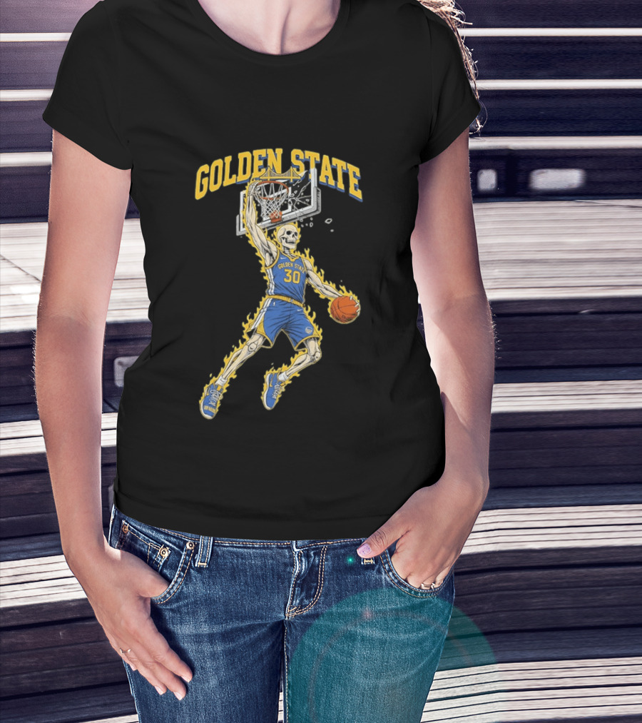 Golden State Warriors Basketball Skeleton Player Slam Dunk Fire T-Shirt