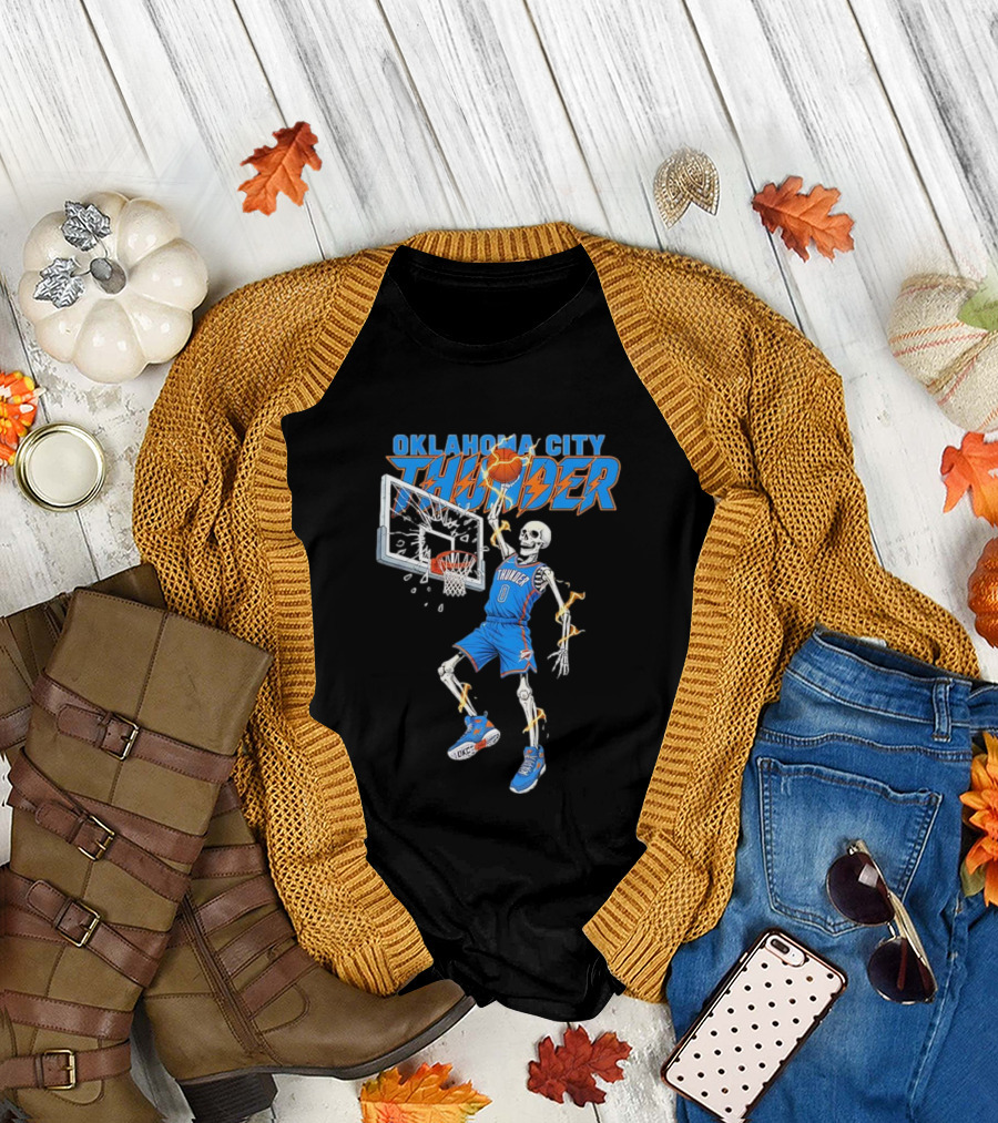 Oklahoma City Thunder Basketball Skeleton Dunking Fiery Hoops Player T-Shirt