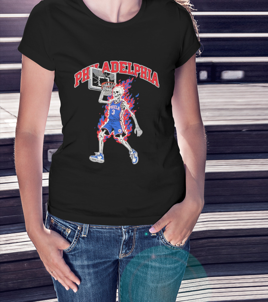 Philadelphia 76ers Skeleton Dunking Basketball Player In Flames T-Shirt