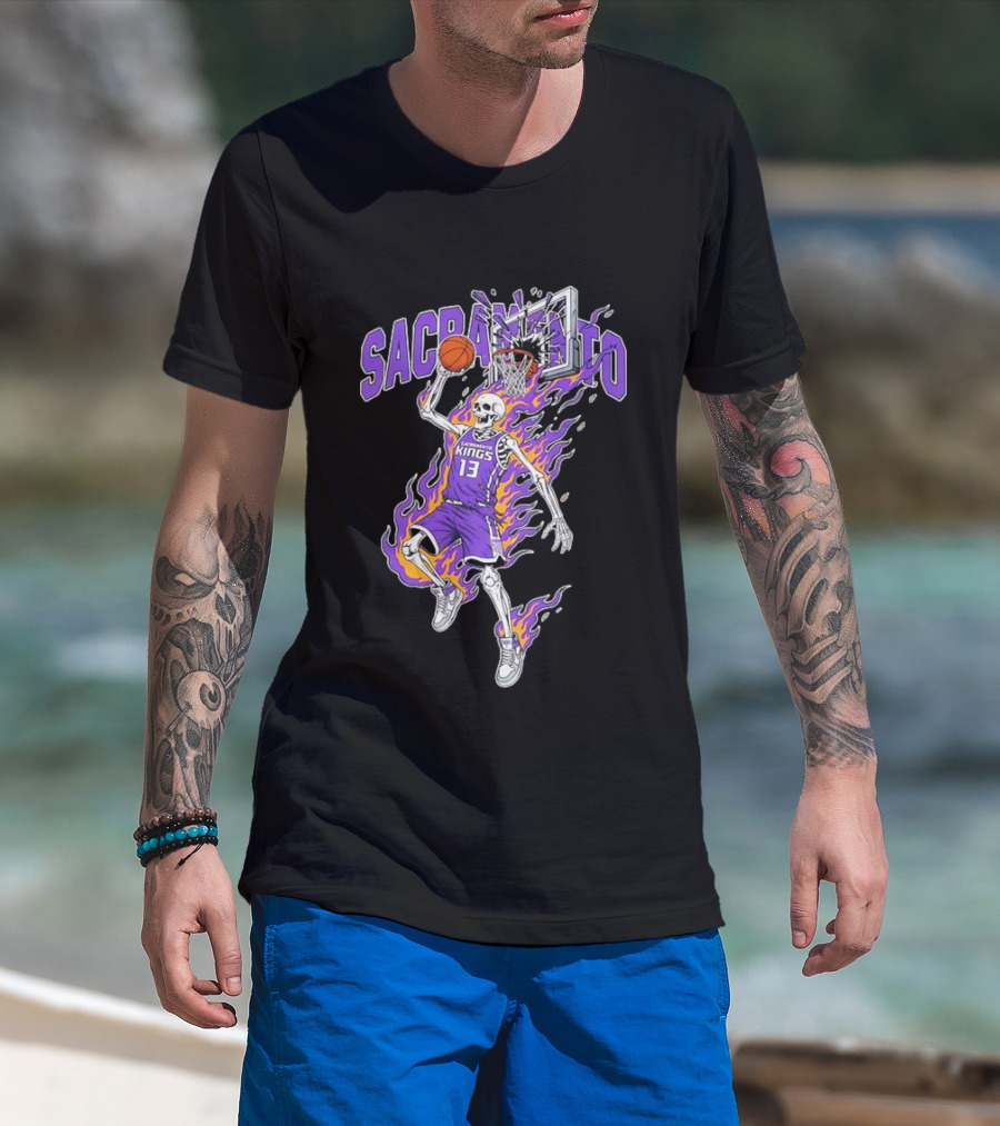 Sacramento Kings Skeleton Basketball Player Flames Sports Team T-Shirt