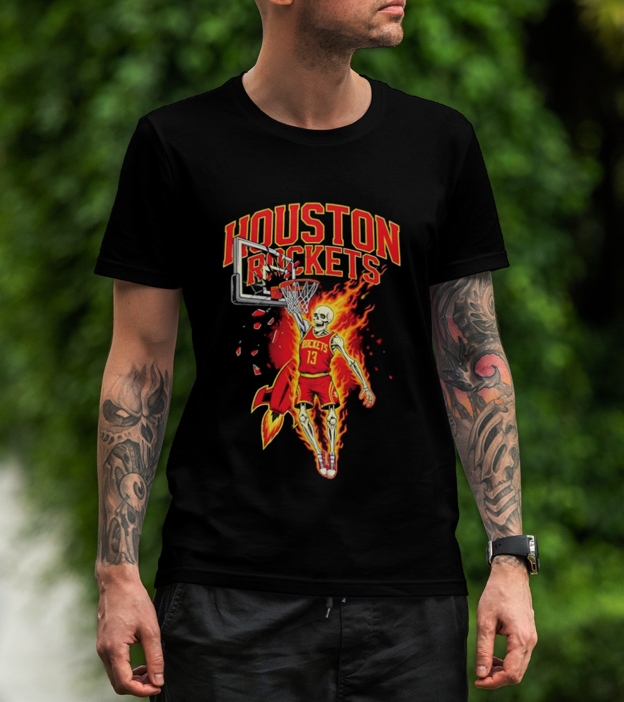 Houston Rockets Basketball Flaming Skeleton Player Dunking T-Shirt