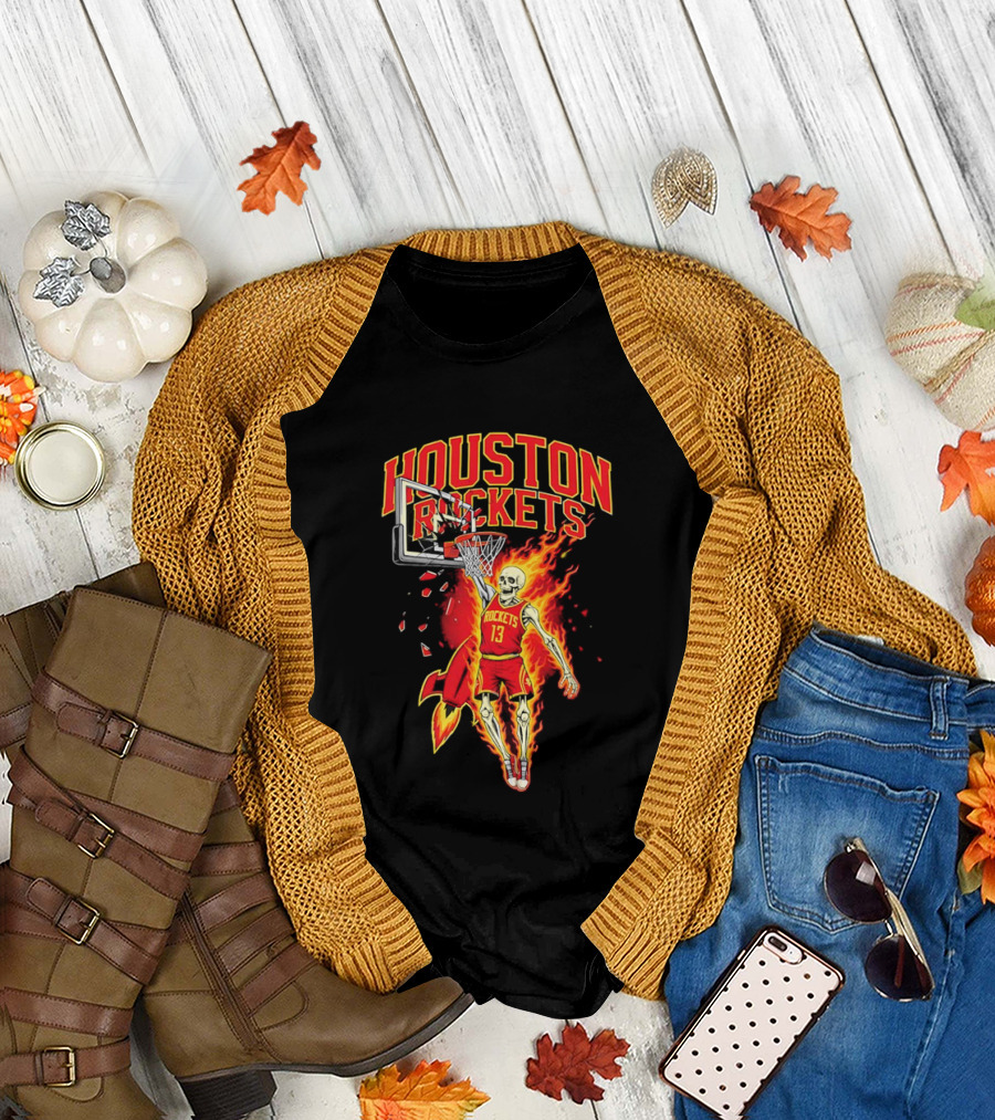 Houston Rockets Basketball Flaming Skeleton Player Dunking T-Shirt