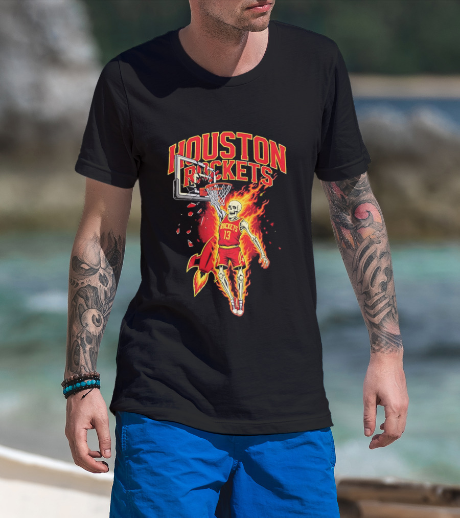 Houston Rockets Basketball Flaming Skeleton Player Dunking T-Shirt
