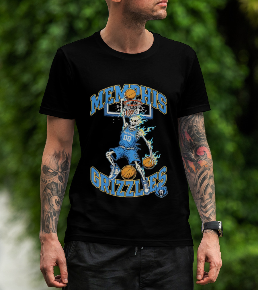 Memphis Grizzlies Basketball Skeleton Player Slam Dunking With Flames T-Shirt
