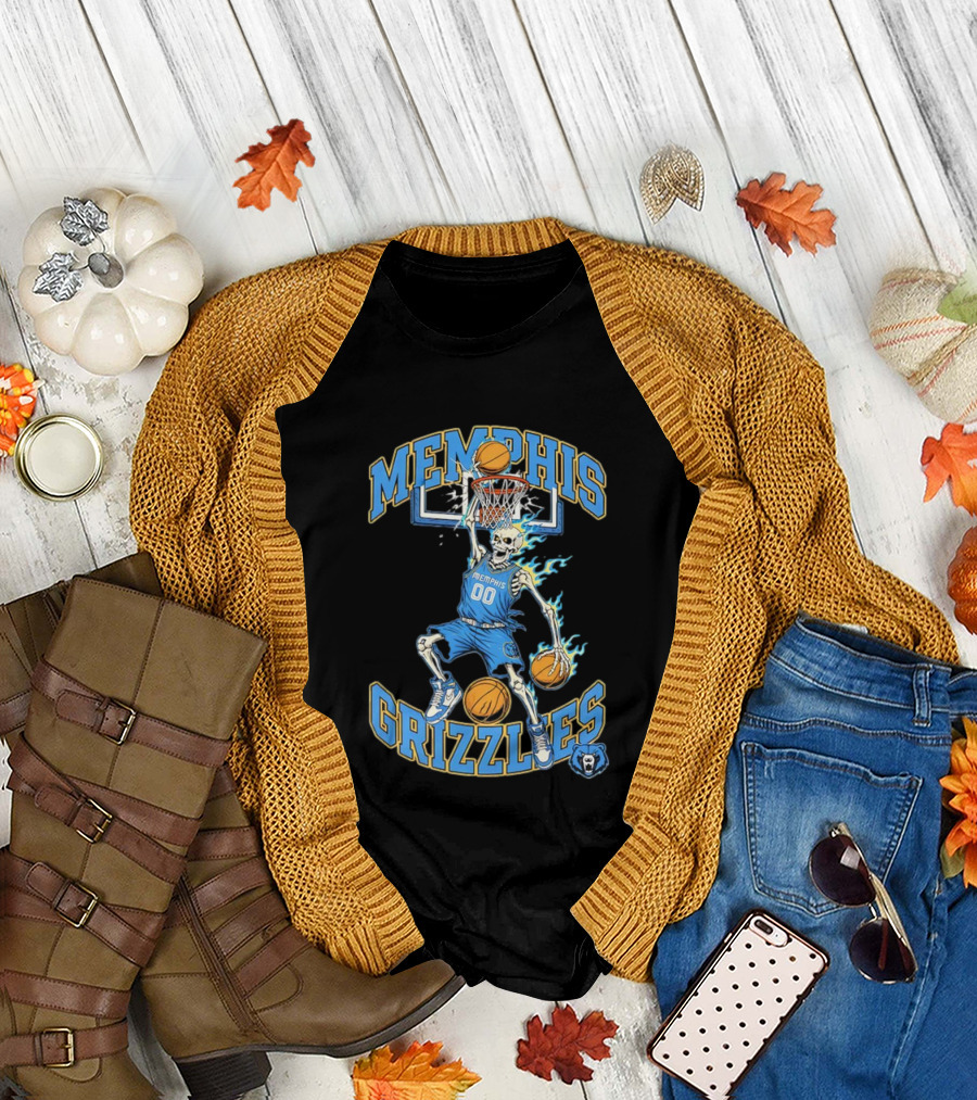Memphis Grizzlies Basketball Skeleton Player Slam Dunking With Flames T-Shirt