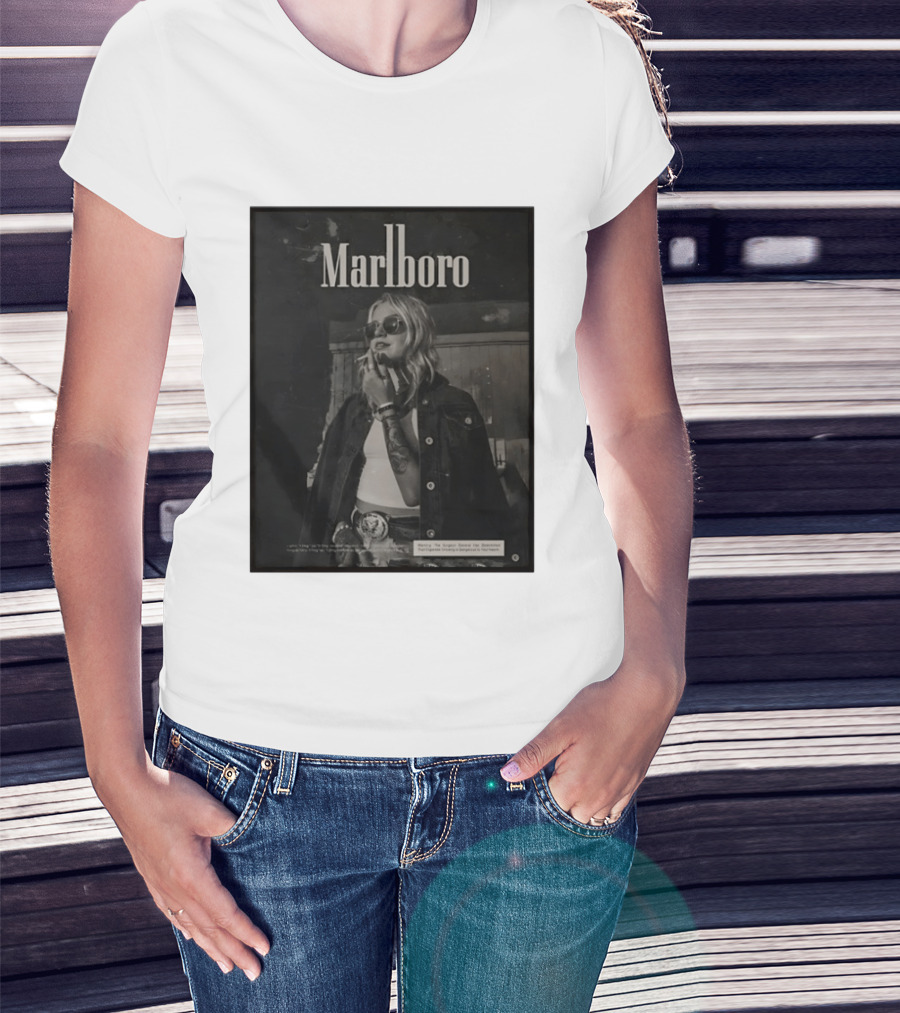 Marlboro Woman Smoking Retro Style Sunglasses Denim Jacket T-Shirt