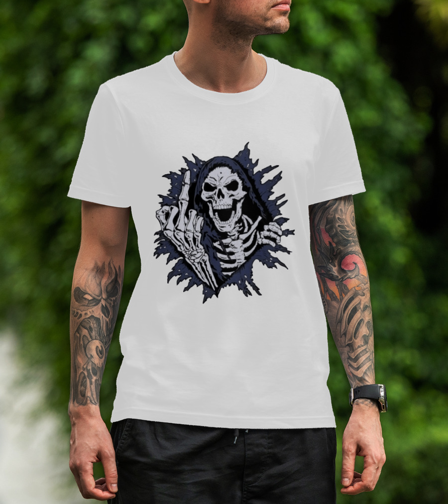 Worry Club Bone Daddy Skeleton Middle Finger Grinning Reaper T-Shirt