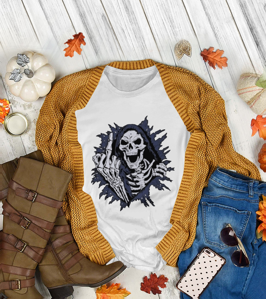 Worry Club Bone Daddy Skeleton Middle Finger Grinning Reaper T-Shirt